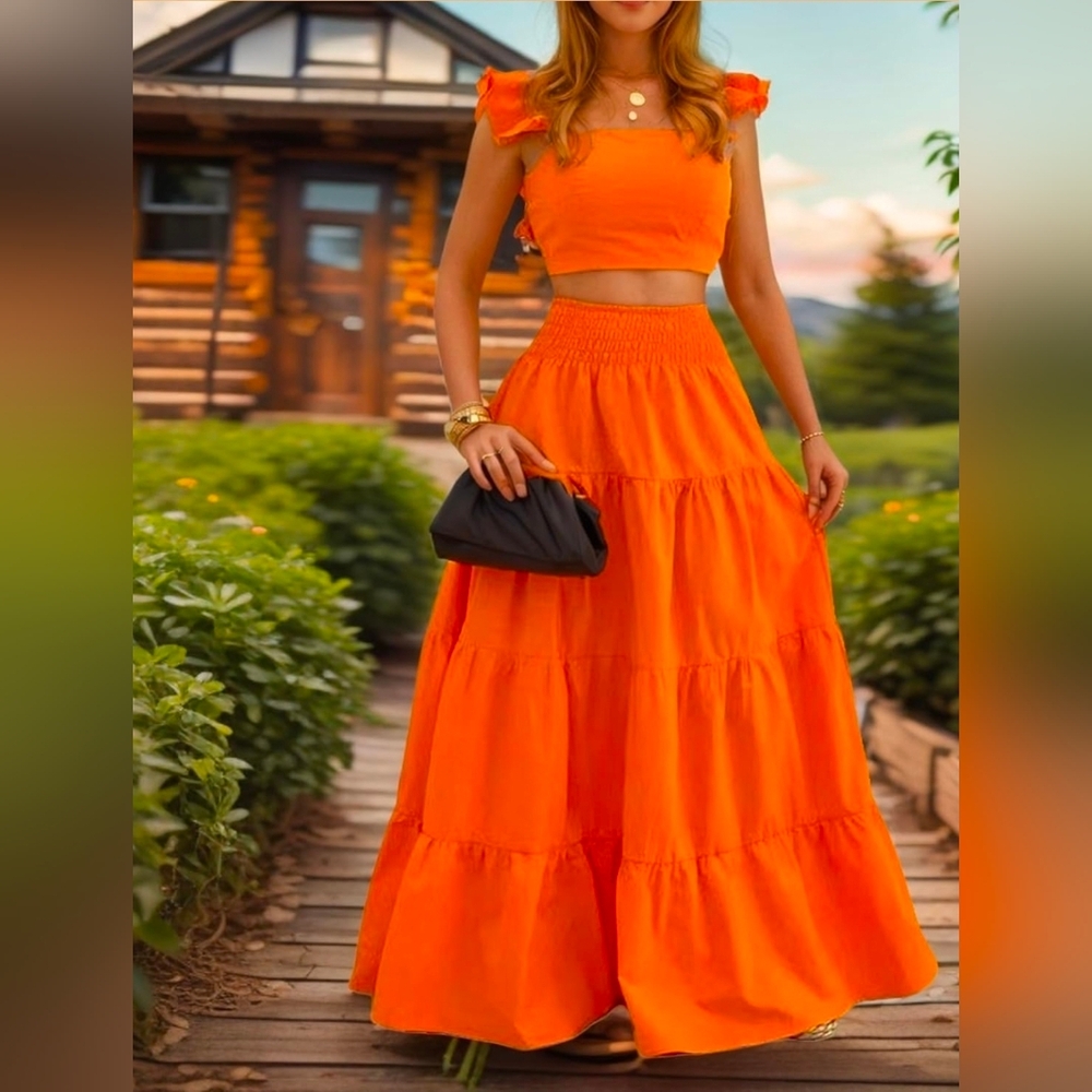 Womens Maxi Skirt Sets 2 Piece Outfits With Ruffle Sleeve Crop Tank Top.